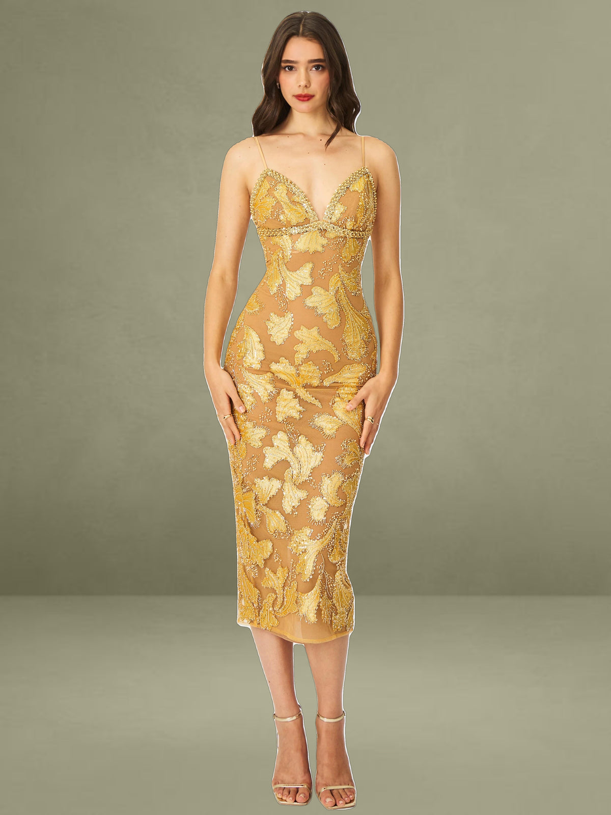 Edie Gold Beaded Sequin Midi Pencil Dress
