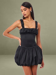 Aubrey Black Satin Bubble Hem Mini Dress
