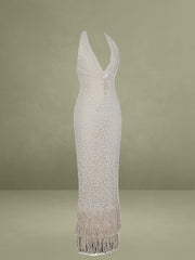 Off-White Double Fringe Crochet Halter Maxi Dress