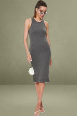 Grey Racer Neck Tie Front Midi Bodycon Dress