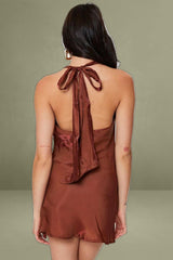 Brown Mini Dress Cowl Neck Satin