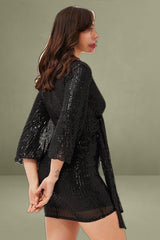 Black Sequin Ruffle Wrap Party Mini Dress