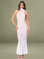 Olena White Burnout Velvet Animal Print Mesh Halter Neck Maxi Dress