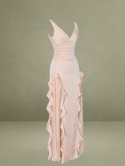 Baby Pink Ruched Waist Double High Slit Maxi Dress