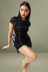 Black Mini Dress Cap Sleeve Crew Neck Bodycon Mesh
