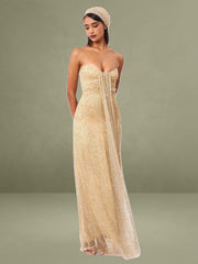 Ada Gold Rhinestone Embellished Strapless Gown with Head Scarf