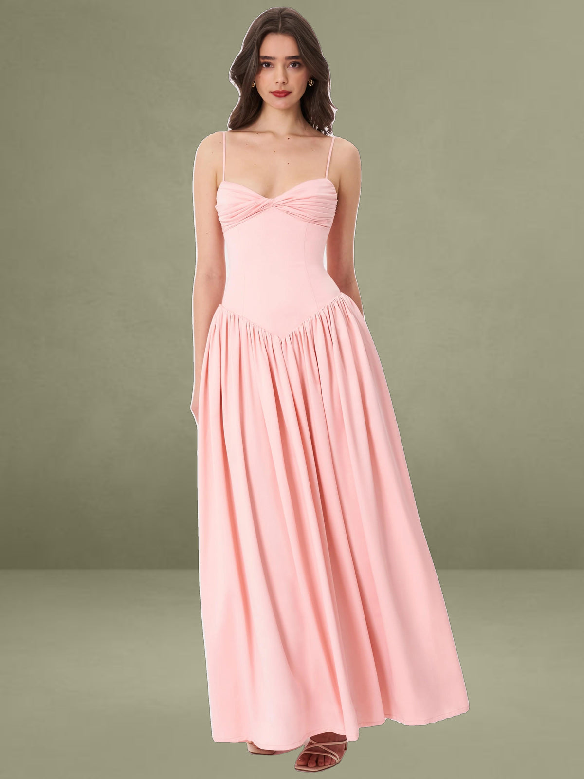 Najwa Baby Pink Ruched Breast Drop Waist Maxi Dress