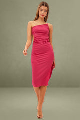 Magenta One Shoulder Dress Midi Bodycon