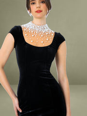 Rachael Black Velvet Pearl Embellished Gown