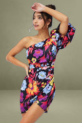 Multi-Flower One-Shoulder Puffed Sleeve Mini Dress