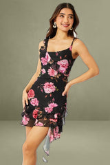 Black Floral Bodycon Dress Ruffle Hem Mini Mesh