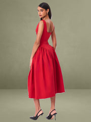 Nahla Red Drop Waist Midi Dress with Buttons