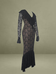 Black Lace Ruffled Mermaid Maxi Dress