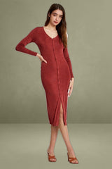 Brown Button Front Slinky Midi Dress