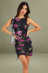 Black Floral Bodycon Dress Sleeveless Floral Mesh Ruffle