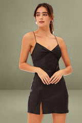 Black Mini Dress Bodycon Twist Front Satin