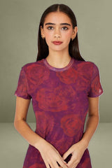 Red Floral Short Sleeve Crew Neck Bodycon Mesh Maxi Dress