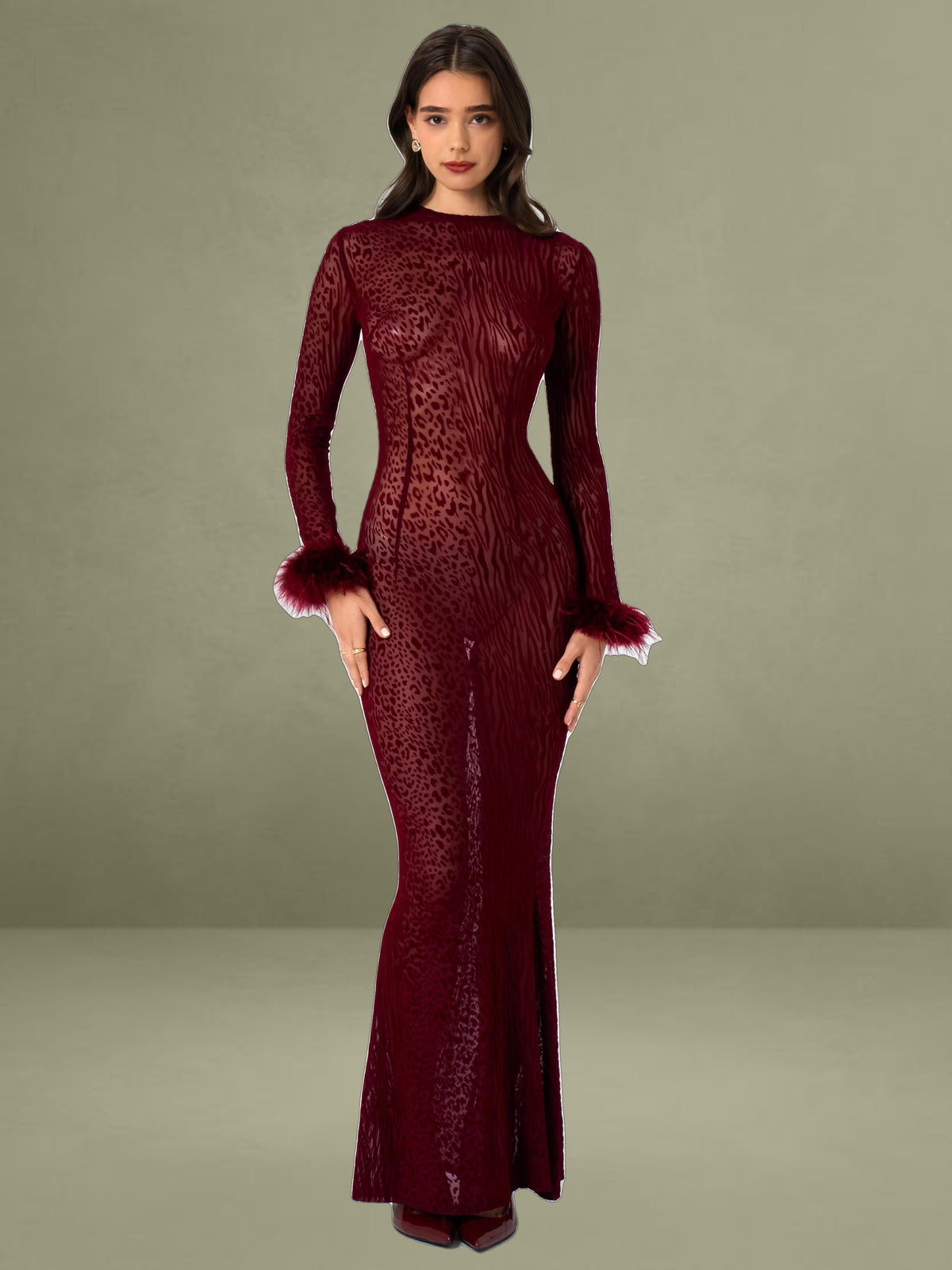 Patricia Burgundy Leopard Burnout Velvet Mesh Backless Maxi Dress
