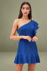 Blue Mini Dress Sleeveless One Shoulder Ruffled