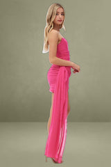 Pink Sash Dress Bandeau Strapless Draped Chiffon