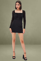 Black Long Sleeve Mini Bodycon Mesh Dress with Hook & Eye