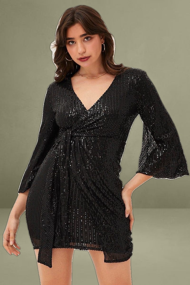 Black Sequin Ruffle Wrap Party Mini Dress