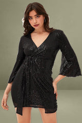 Black Sequin Ruffle Wrap Party Mini Dress