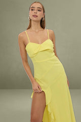 Yellow Bodycon Dress Maxi Ruffle Slit Chiffon