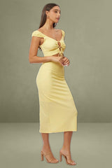 Yellow Bodycon Dress Textured Midi