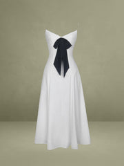 Corinne White Poplin Flared Maxi Dress with Removable Bow
