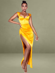 Zarah Yellow High Slit Corset Satin Dress