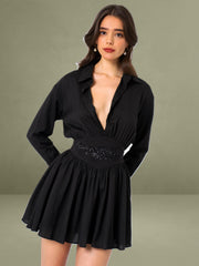 Jamila Black Shirt Mini Dress with Embroidered Waist Detail