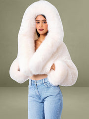 Kali White Cropped Vegan Fur Jacket With Hood