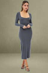 Grey Midi Dress Long Sleeve Bodycon Ribbed