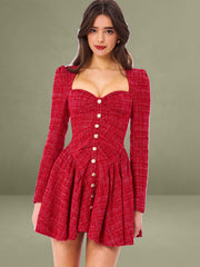 Red Tweed Long Sleeve Drop Waist Mini Dress