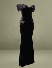 Qamra Black Velvet Off Shoulder Mermaid Maxi Dress