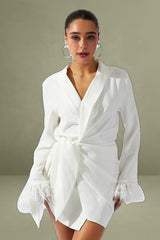 White Wrap Dress Long Sleeve Faux Feather Cuffs