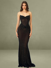 Fatima Black Crystal Sleeveless Corset Mermaid Maxi Dress