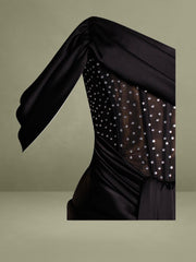 Stella Black Off Shoulder Crystal Corset Satin Gown