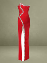 Xoana Red Crystal Embellished High Slit Gown