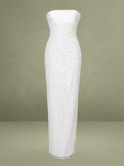 Lainey White Satin Sequin Pearls Beaded Maxi Dress
