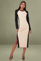 Beige Midi Dress Long Sleeve Round Neck Raglan Two-tone