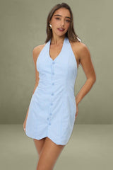Blue Check Halter Neck Mini Dress