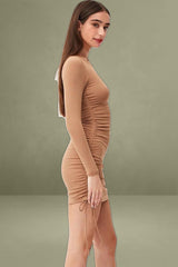 Beige Tie Back Dress Long Sleeve Mini