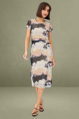 Brown Abstract Midi Dress Short Sleeve Bodycon Mesh