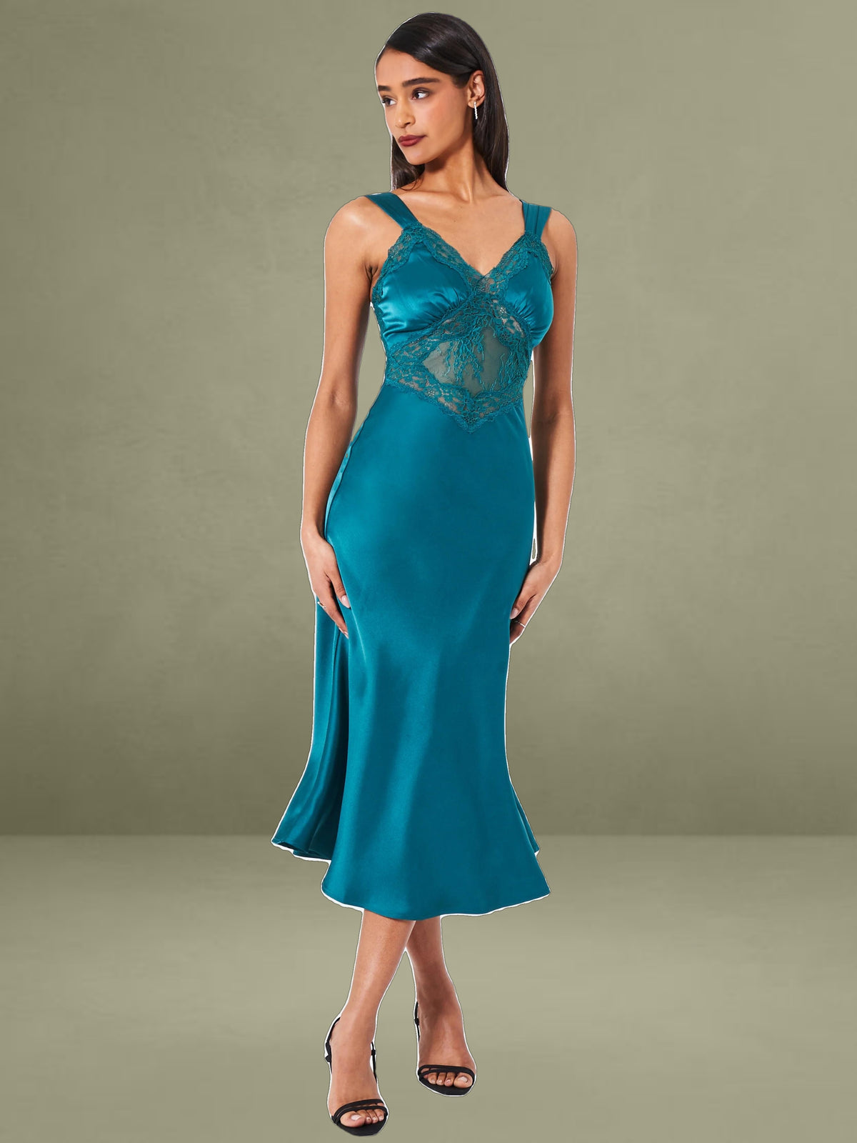 Perley Teal Satin and Lace Midi Dress