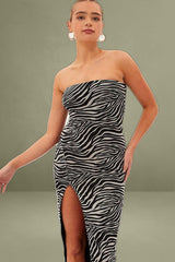 Black Animal Print Bodycon Dress Midi Strapless Side Split Mesh