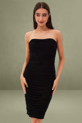 Black Midi Dress Bodycon Ruched Mesh