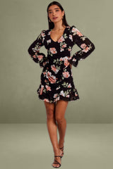 Black Floral Ruffle Dress Long Sleeve Flared Cuff Mini Dress