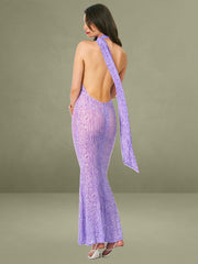 Olena Purple Burnout Velvet Animal Print Mesh Halter Neck Maxi Dress